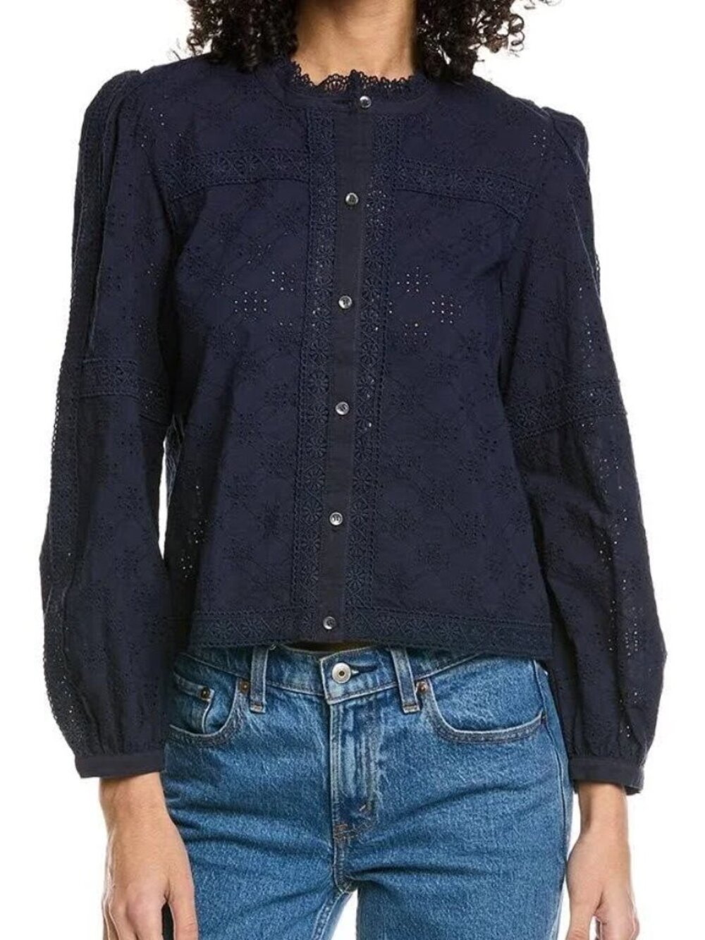 J.mclaughlin Hilarie Eyelet Button Down Blouse Women's Blue Medium